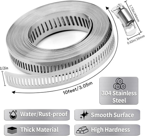 10 ft coil of 304 stainless steel worm-drive hose clamp, adjustable cut-to-fit band
