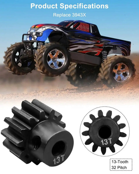 Hardened Steel 32 Pitch 13 Tooth Pinion Gear Set for Traxxas Slash, Rustler, 4x4 VXL RC cars, image showing gear specifications