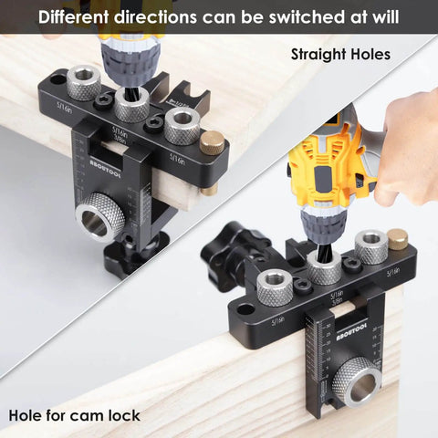 Self Centering Doweling Jig Kit For Straight Holes Adjustable Width Woodworking Dowel Jig With Drill Guides Locator in use on wood