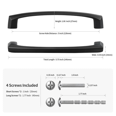 Diagram of Ten Pack 5 Inch 128mm Hole Center Matte Black Cabinet Pulls with screws, showing dimensions and included hardware.