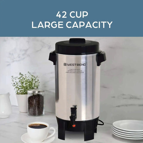 42-Cup Coffee Urn With Automatic Temperature Control, Quick One Cup Per Minute Brew, Easy Cleanup, Silver Server on counter
