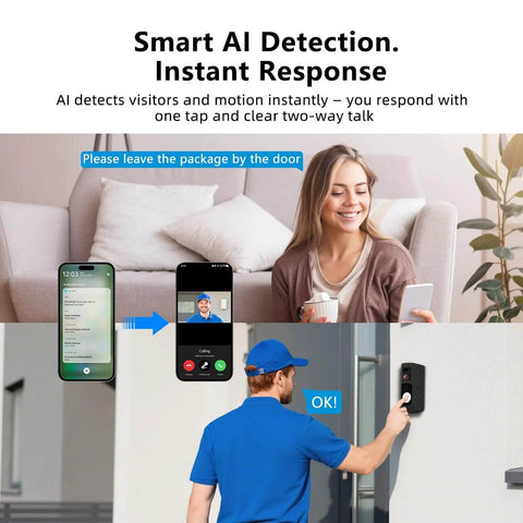 Wireless Video Doorbell With Chime And HD Camera, Long Battery Life, 92 Degree Wide View And Pan, AI Motion Detection, 2 Way Audio
