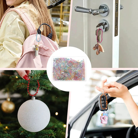 400 Pcs Ball Bead Chain Set With 3.94 Inch Dog Tag Chains Includes 100 Silver Replacement Buckles For Jewelry Making And DIY Crafts, Multicolor Ball Chains With Storage Box, Perfect For Craft Projects, displayed in various DIY uses on backpack, door, Christmas tree, and car keys.