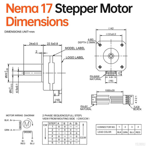 Nema 17 Stepper Motor 5 Pack With 1.8-Degree Step, 2 Phase High Torque 0.16 Nm Bipolar, 4 Wire dimensions and wiring diagram