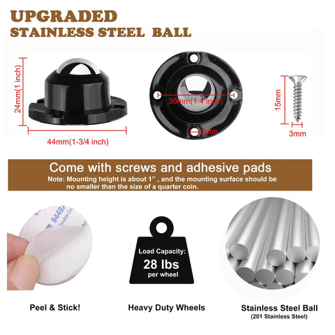 PlusRoc 8-pack stainless steel self-adhesive caster wheels with screws and pads, 28 lbs per wheel, for mop buckets and kitchen appliances.