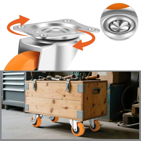 2.5 Inch Heavy Duty Caster Wheels Set of 4 with Brakes on a wooden cart showing swivel top plate and polyurethane wheels