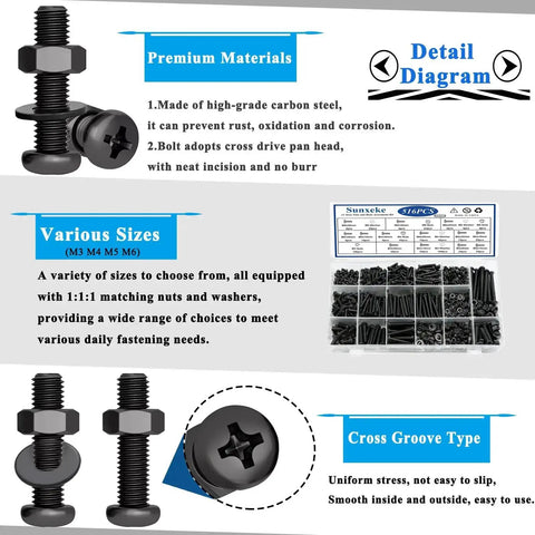 Diagram of 516 Piece Nuts And Bolts Hardware Kit With 21 Sizes M3 M4 M5 M6 Phillips Pan Head Fasteners And Washers, black.