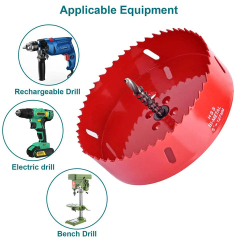 4 Inch Hole Saw Kit For Wood Plastic Ceiling Drywall And Metal With HSS Bi Metal Cutter And Pilot Drill Bit Includes Arbor Replacement Bit And Hex Key For Fast Clean Holes And Long Lasting Durable Performance Perfect For Any Job Site showing compatible drills.