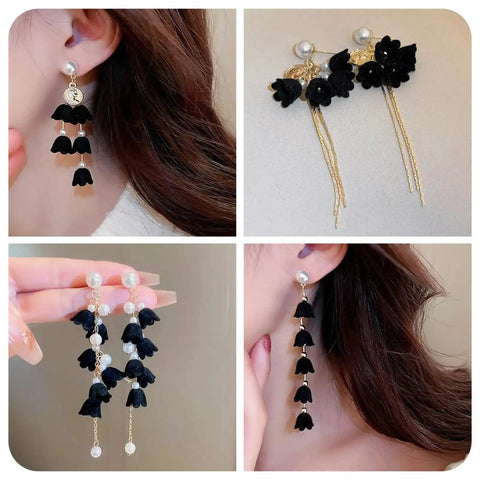 Black Acrylic Flower Bead Caps 100 Pcs Five Petal Frosted Resin Flower Spacers used in handmade drop earrings with pearls and chains.