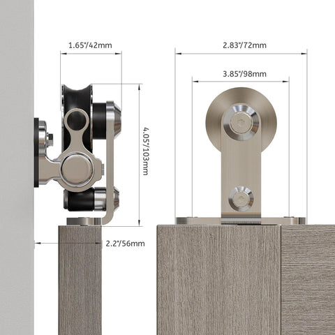 Side view of 8 Foot Stainless Steel Sliding Barn Door Hardware Kit For Double Doors Built To Last Heavy Duty Smooth Quiet Track System