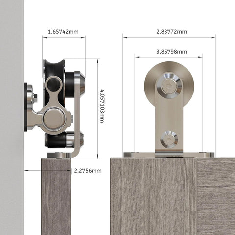 Heavy Duty Stainless Steel Double Sliding Track Barn Door Hardware Kit, 6.6 Foot Rail System With Quiet Smooth Rollers, side view