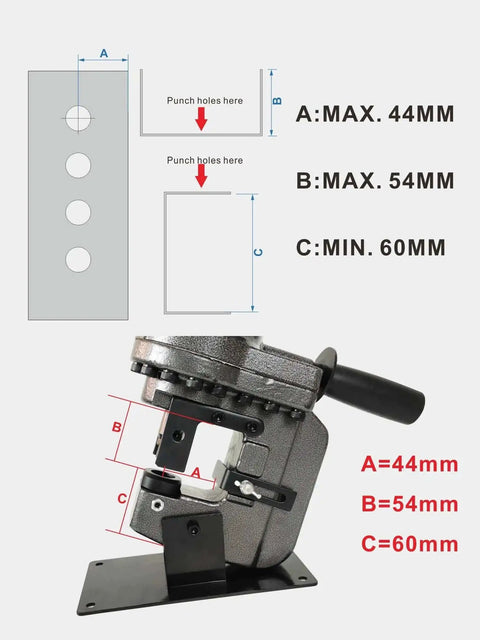 Dimensions and chart for Electric Hydraulic Punching Tool 1.2 HP 110V Heavy Duty Puncher, metal thickness capacity shown.