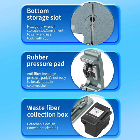 Features of the K1 Universal Fiber Cleaver For Fiber Optic Hot Melt And Cold Welding, including storage slot, rubber pad, and waste box.