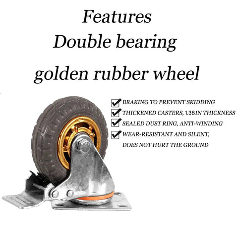 5 Inch Heavy Duty Caster Wheels Set Of 4 With Rubber Casters And Brakes, showing a rubber wheel with golden bearing.
