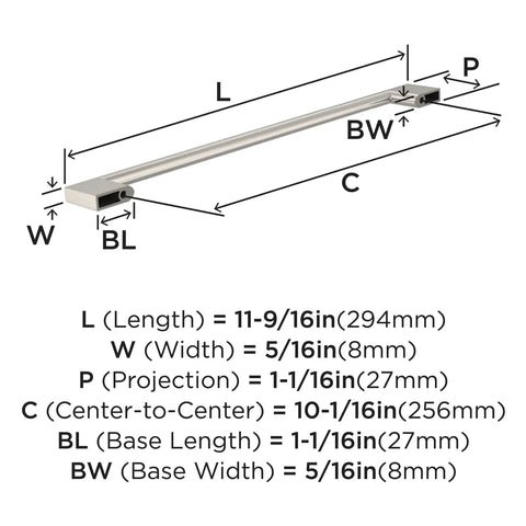 Dimensions for Cityscape Satin Nickel Cabinet Pull Center-To-Center Ten And One Sixteenth Inch Pack Of 10 Versatile Contemporary Hardware