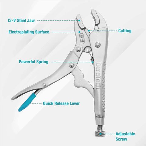 7 Inch Locking Pliers With Curved Jaw And Wire Cutter, Premium Cr-V Steel for Tough Clamping, Twisting, and Welding Jobs with adjustable screw