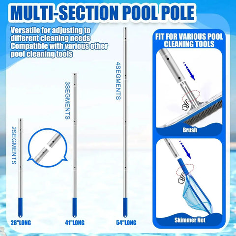 Multi-section aluminum pole for No Fuss Three Piece Pool Cleaning Kit With Skimmer Net, Extendable Aluminum Pole, And Stainless Steel Pool Brush.