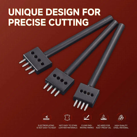 Pro Grade 3 Piece Prong Punch Tool Set For Leather Crafting on red background, showing 2/4/6 prong round hole punches.