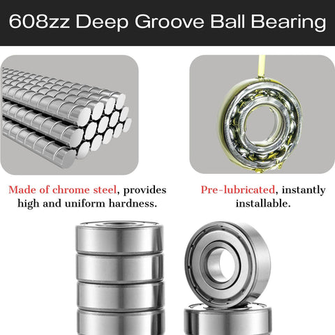 608zz deep groove ball bearings set, 8x22x7 mm, double shielded, pre-lubricated, shown stacked and installed.