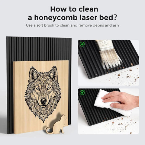 Instructions for cleaning 400x400mm Honeycomb Laser Bed For CO2 Laser Cutters, showcasing brush and cloth removing debris.