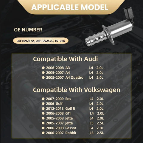 Variable Valve Timing Solenoid VVT Camshaft Oil Control Valve Drop In Replacement For Audi A3 A4 Quattro Eos Golf GTI Jetta Passat Rabbit 06F109257A 06F109257C Compatible With VW And Audi Models with compatibility and OE numbers displayed.