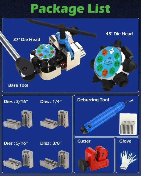 Pro Grade Brake Line Flare Tool Kit With Dual 45 And 37 Degree Flare, Single Bubble And Double Flare Options, package contents view