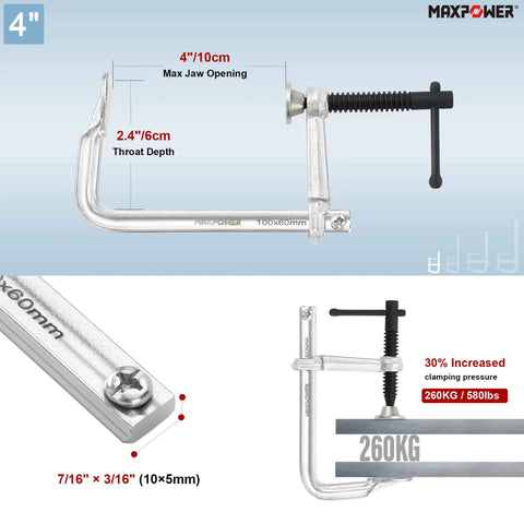 4 inch F clamp with 2.4 inch throat depth and 580 lbs capacity, part of the Light Duty F Clamp Set With 4In, 8In, 8In, And 12In Jaw Openings.
