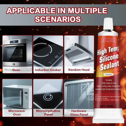 Heat Resistant High Temp Silicone Sealant for Ovens and Grills shown with applicable appliances, 100ml Transparent tube