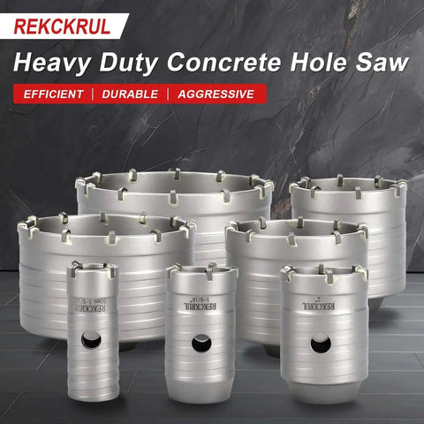 Professional 2 Inch 50mm Concrete Hole Saw Set With SDS Plus Shank Adapters And Dust Bag For Masonry Drilling Through Concrete Brick Cement Stone Walls, Premium Tungsten Carbide Construction For Long Lasting Durability displayed with multiple saw sizes on a dark gray background