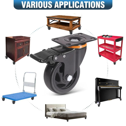 Collage showing 5 Inch Heavy Duty Caster Wheels Set Of 4 With Brakes And Dual Locking Safety Casters used on different furniture pieces.