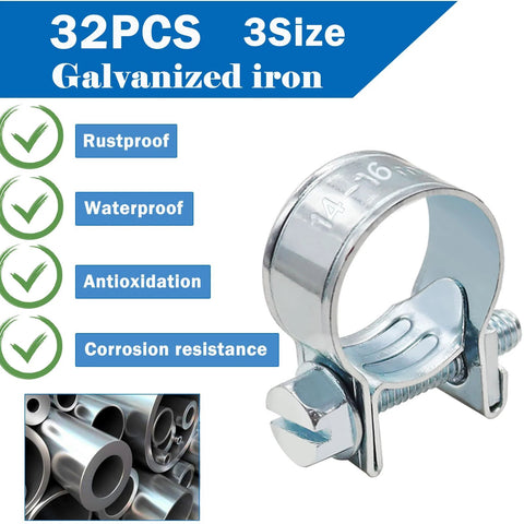 Front view of Tnisesm 32Pcs galvanized iron hose clamps kit with 1/4 in, 5/16 in and 3/8 in sizes for automotive fuel lines.
