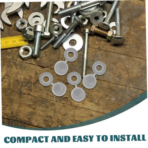 100 Pcs Plastic Screw Caps Protection End Caps Invisible Screw Covers on workbench with bolts and washers