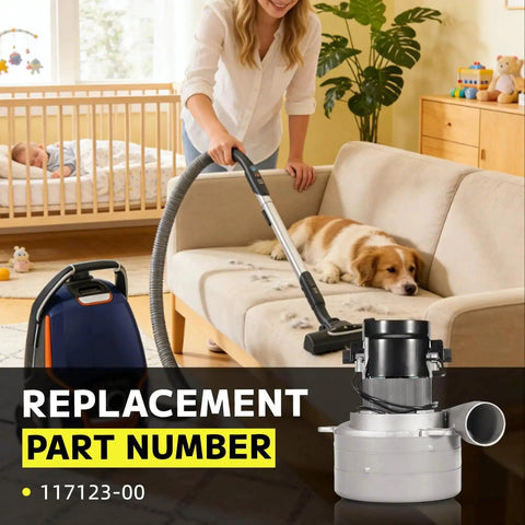 Replacement 240V Vacuum Motor For AirVac AstroVac Beam And CanaVac Central Vacuum Systems shown with cleaner and dog on couch