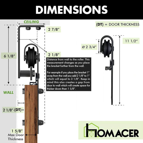Dimensions of Ceiling Mounted Sliding Barn Door Hardware Kit With Flat Track, No Clearance Limit, Space Saving Room Divider, Adjustable Door Spacing For Single Door, 8 Ft Long, Interior Use Only, Doors Not Included.