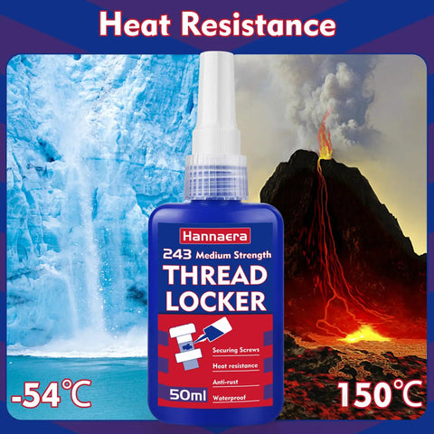 Blue Thread Locker Medium Strength For Nuts Bolts And Metal Fasteners, 1.69 Fl Oz, Seals Tight And Prevents Loosening And Leakage Under Vibration And Heavy Duty Applications in front view with ice and volcano background.