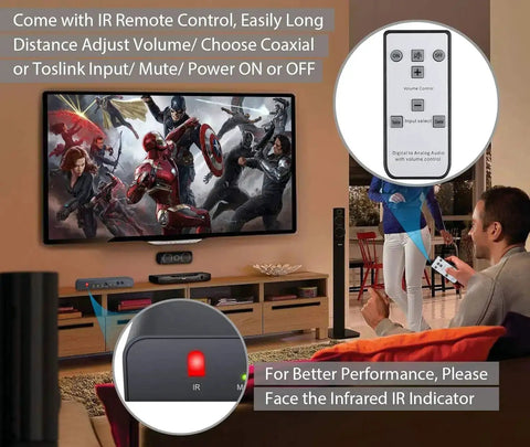 Living room setup with High Fidelity 192kHz Digital to Analog Audio Converter, remote, TV and speakers, focus on remote details.