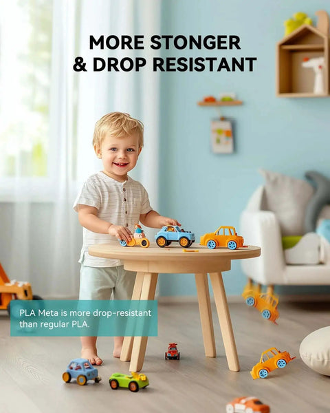 Child playing with toy cars on a table in a living room setting