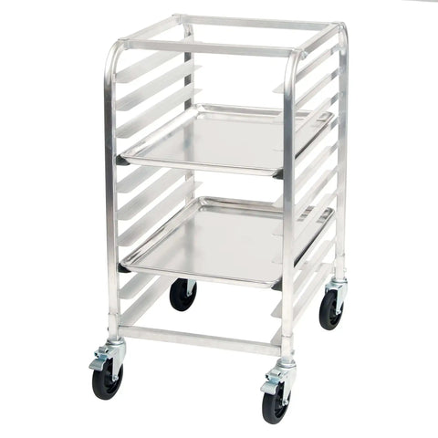 Ten Tier Aluminum Sheet Pan Rack With Brake For Commercial Kitchens And Bakeries, 400 lb Capacity, Swivel Casters, Side View