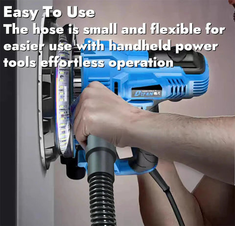 Hands using power tool with 10 Foot Dust Collection Hose Kit With Five Fittings For Woodworking Power Tools Premium Durable PVC