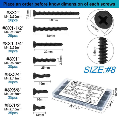 205 Pieces Black Flat Head Self Drilling Screws Set For Metal And Woodworking Phillips Drive Countersunk Self Tapping TEK Screws Sheet Metal Deck Screws Drill Point 8 Gauge To Two Inch Carbon Steel displayed with size chart and storage box