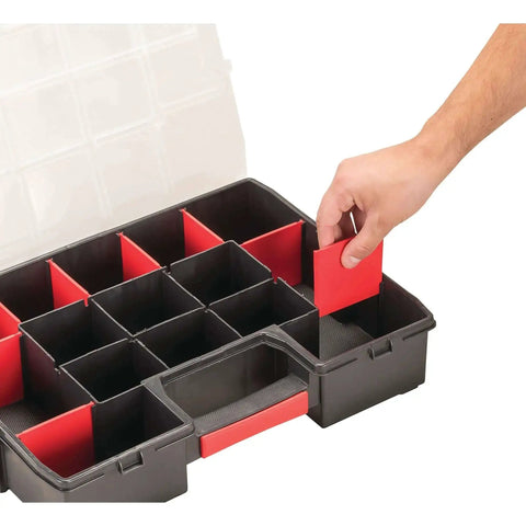 14 Compartment Storage Organizer With Removable Dividers For Customizable Small Parts And Tools Stackable With Side Latches And Interlocking Lid For Secure Transit Keeping Gear Neat Accessible And Grab And Go, showing hand adjusting dividers.