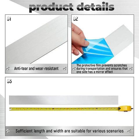2 Piece Stainless Steel Trim Strips 304 Brushed Finish 3 x 30 Inches showing close-up of anti-wear surface, protective film, and length with tape measure