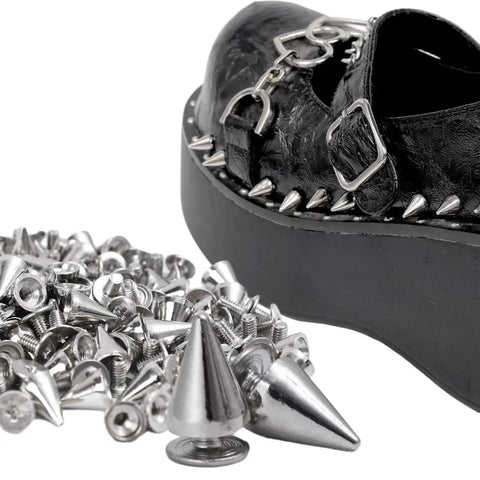 Screw Back Studs And Spikes Rivets For Metal Punk Clothes Shoes Bags Leather, shown with black studded platform shoe and spikes pile