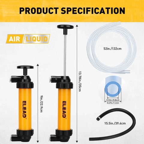 Gas Siphon Pump Multi Use Fuel Transfer Tool With Inflator Hose Needle Valve dimensions and adapters shown
