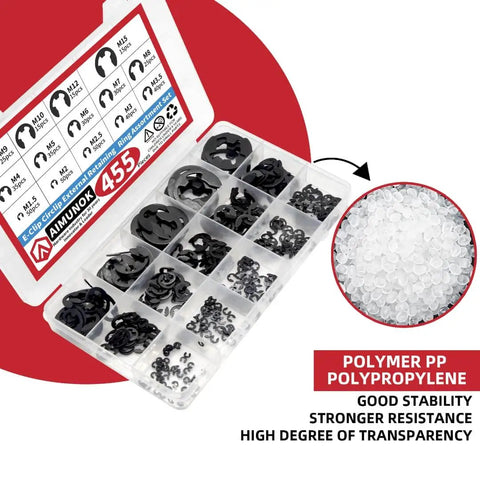 455 Piece E Clip Snap Ring Kit Set With External Retaining Rings, 14 SAE Sizes M1.5 To M15 in labeled box