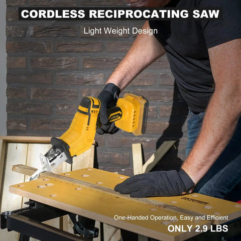 Cordless Reciprocating Saw Kit With 4 Blades For Wood Metal PVC Compatible With Dewalt 20V Batteries, 0-3500 SPM Variable Speed, 150W Power Brush Cutting Tool, Fast Tool Free Blade Change, Battery Not Included in use cutting wood.