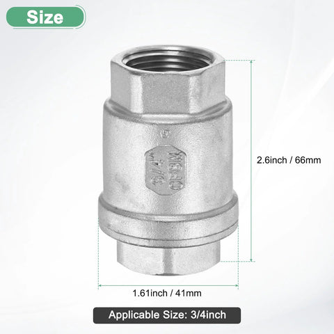 M METERXITY stainless steel spring check valve, 3/4 in NPT, inline vertical, silver
