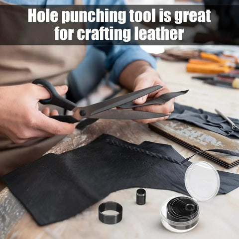 Person cutting leather with a 21 Piece Leather Circle Cutter Set with Circle Punches from 1mm to 15mm and 50mm dies visible.