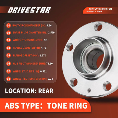 Diagram of Pair Rear Wheel Hub And Bearing Assembly For Audi TT 2000-2006 And VW Beetle 1998-2010 Golf Jetta 1999-2005 5 Lug 2x4 With ABS showing dimensions.