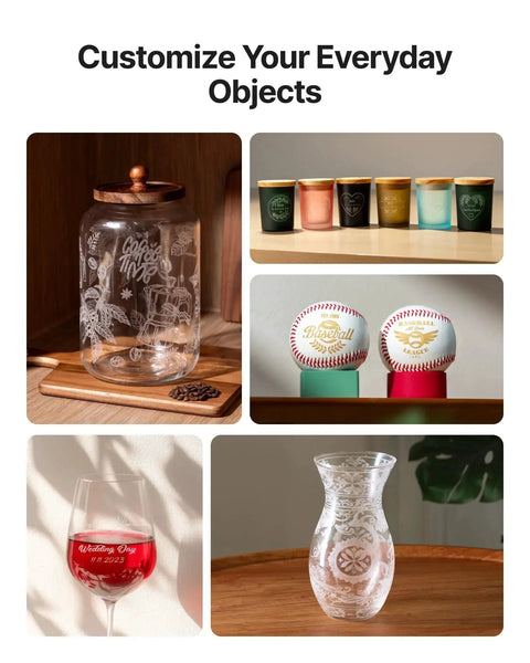 Collection of engraved items including glass jar, tumblers, baseballs, wine glass, and a vase, showcasing customization options.